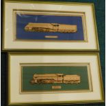 Two relief wooden locomotives, The Green Arrow and The Mallard