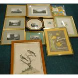 Various pictures and prints, to include a silhouette depicting a young boy, a dog and a kennel etc.,