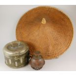 Various oriental items, to include a coolie hat, food tin and a bell.