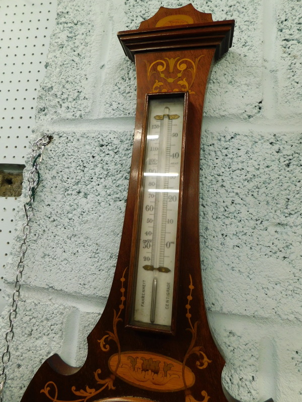 An Edwardian mahogany and marquetry wheel barometer, with opaque glass thermometer and dial, 87cm - Bild 3 aus 3