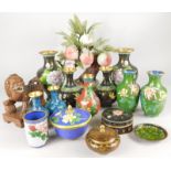 A collection of modern oriental cloisonné vases, etc and a late 19th/early 20thC Chinese hardwood