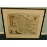 After Joannes Jansson. A 17thC hand coloured map of Lincolnshire, glazed to both sides, 42cm x 53cm