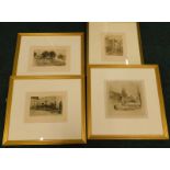 After Joseph Pennel. French rural scene, monochrome etching and three others