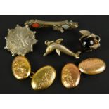 Various jewellery, to include a pair of 9ct gold oval cufflinks, two silver brooches, a silver