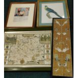 A collection of prints etc., to include an Aga advertising sign, map of Surrey, an oriental silk