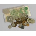 Various coins and bank notes, to include two consecutive runs of three etc.