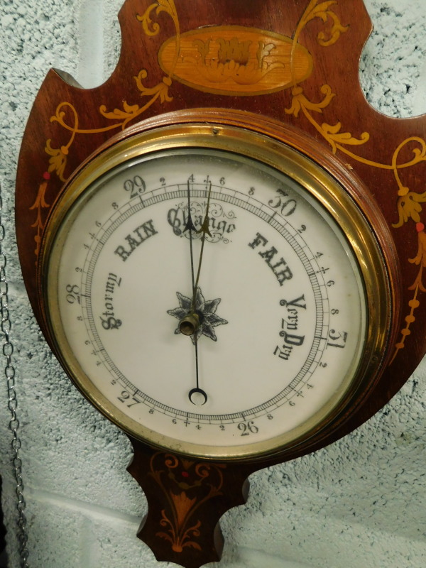 An Edwardian mahogany and marquetry wheel barometer, with opaque glass thermometer and dial, 87cm - Bild 2 aus 3