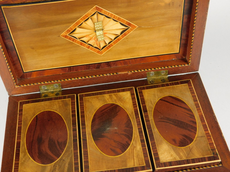 A 19thC mahogany and marquetry rectangular tea caddy, the tapering hinged lid with a tulip wood - Bild 3 aus 3