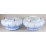 A pair of Christopher Wray blue and purple mottle glass ceiling lamps, of lobed form with some