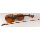 A late 19th/early 20thC German violin, stamped Hopf, the one piece back inlaid with broad string