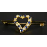 A 9ct gold heart bar brooch, set with sapphire and diamonds, 3.6g all in.