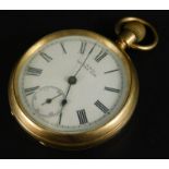 An American gold plated Waltham pocket watch, the enamel dial with Roman numerals