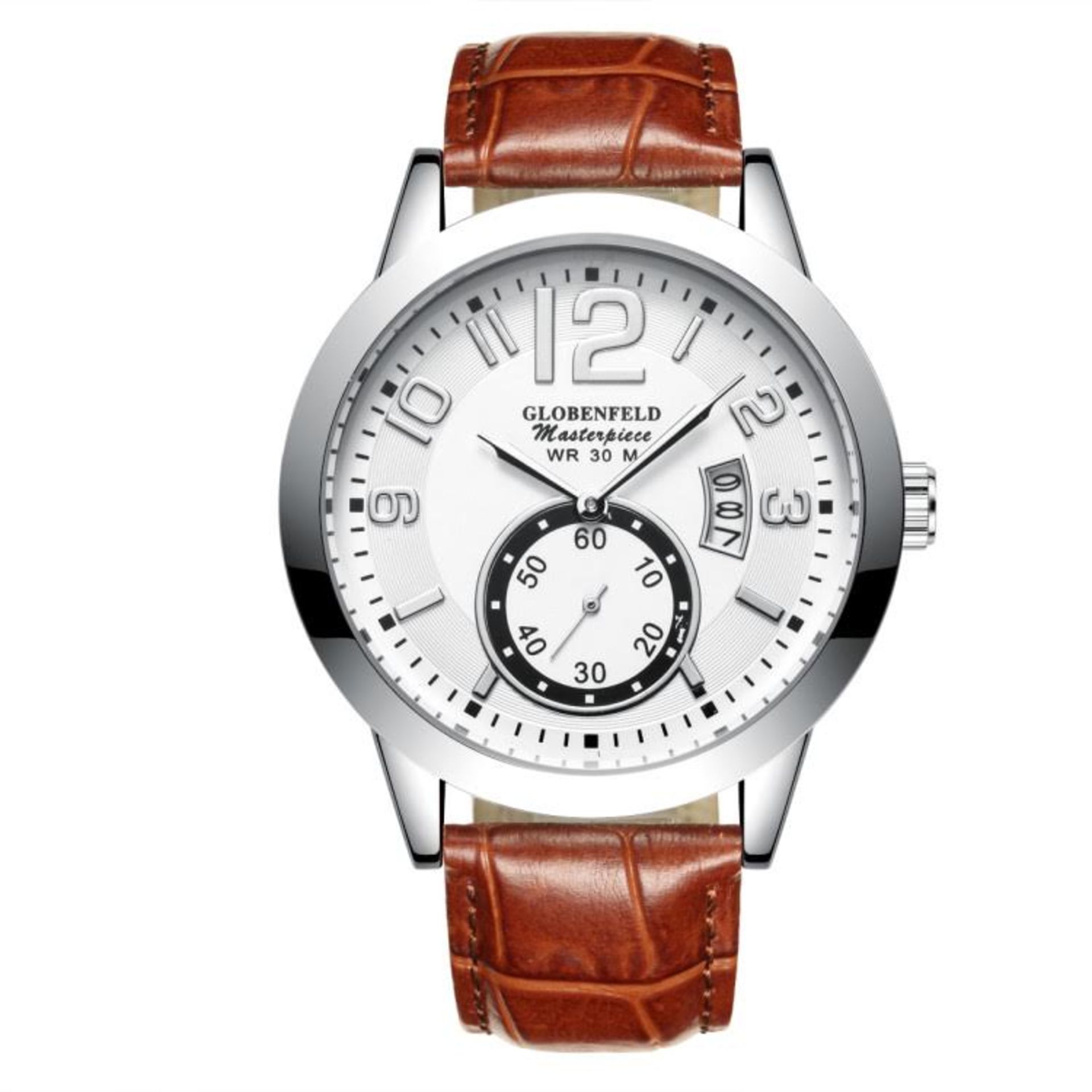 V Brand New Gents Globenfeld Masterpiece White Face - Brown Leather Strap With Box and Papers RRP £