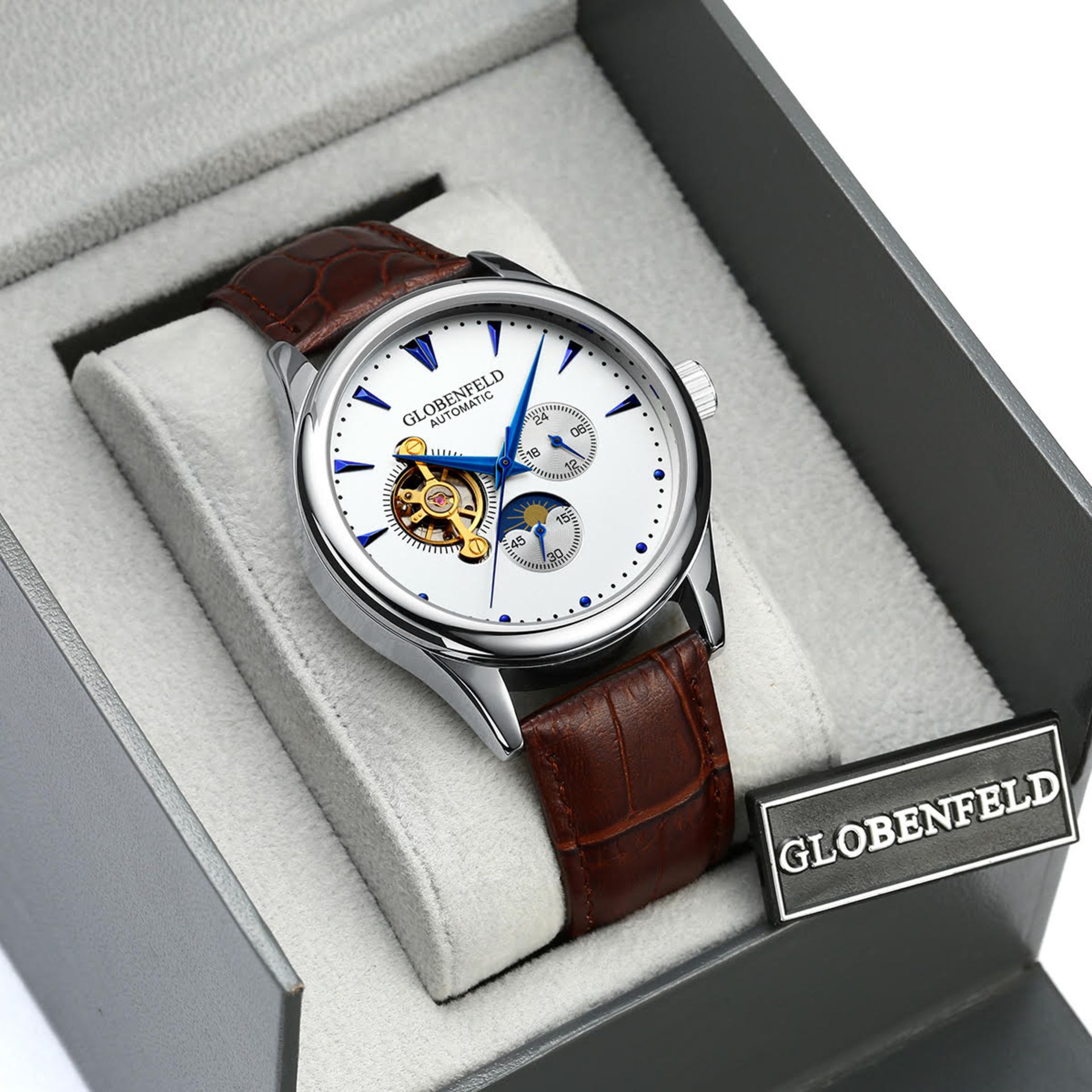 V Brand New Gents Globenfeld Automatic Edwardian Silver Face Etonian Blue Indices and Hands`and