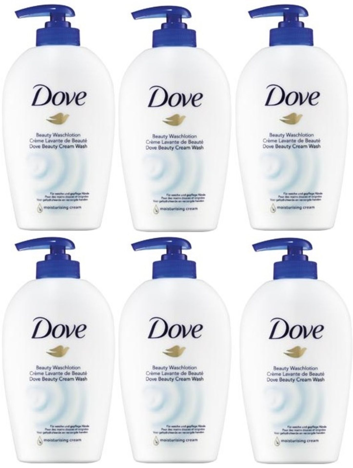 V *TRADE QTY* Brand New Six Pump Bottles Of Dove Moisturising Beauty Cream Wash 250ml Total SRP£12.