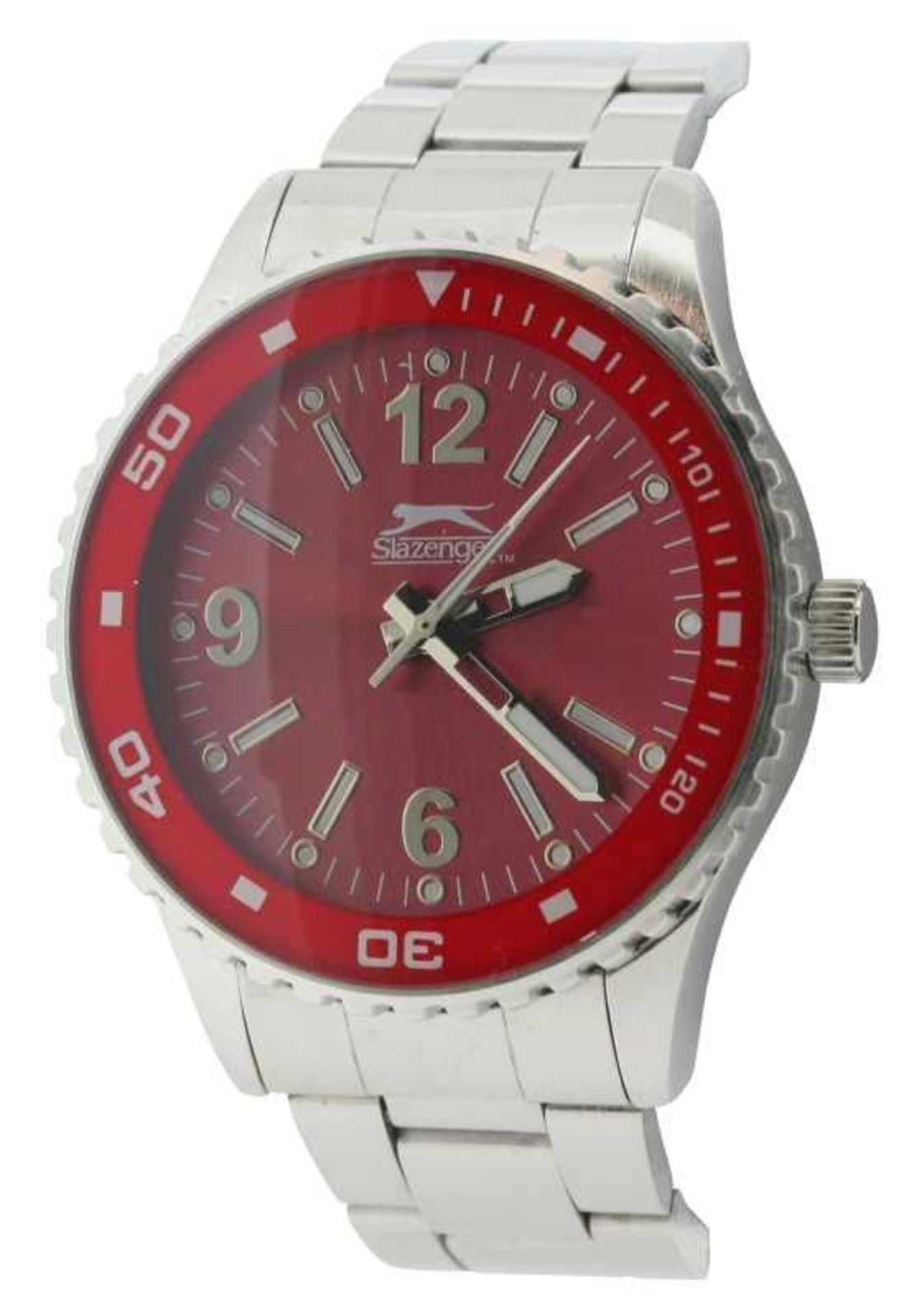 V Brand New Gents Slazenger Sports/Dress Watch With Red Dial And Chrome Bracelet Strap