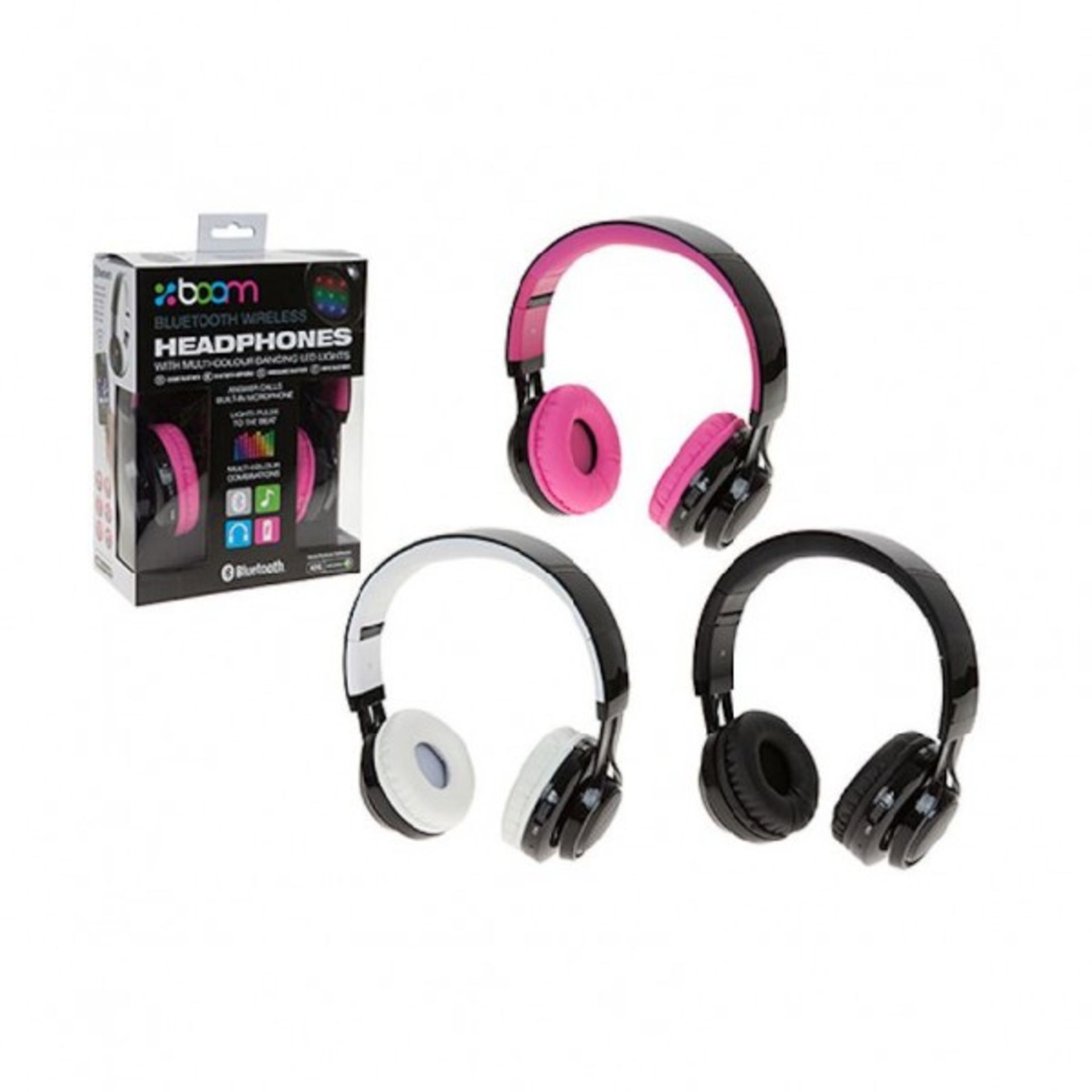 V Brand New Boom Bluetooth Wireless Headphones With Multi Colour Dancing LED Lights And Built In