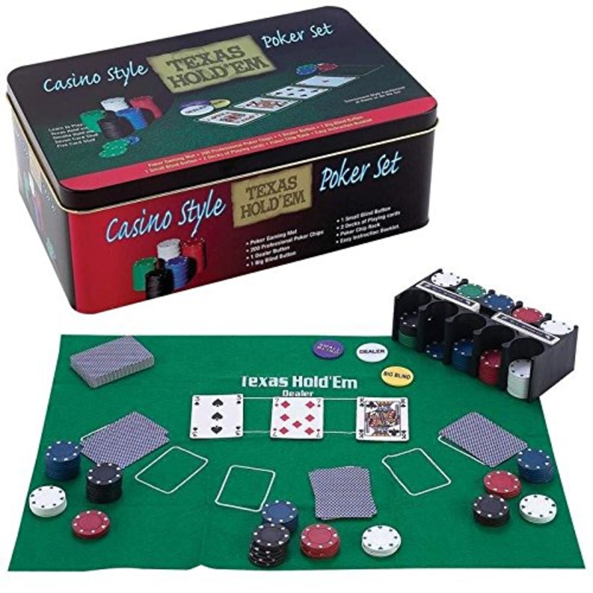 V *TRADE QTY* Brand New Texas Holdem Casino Style Poker Set Including - Poker Gaming Mat - 200