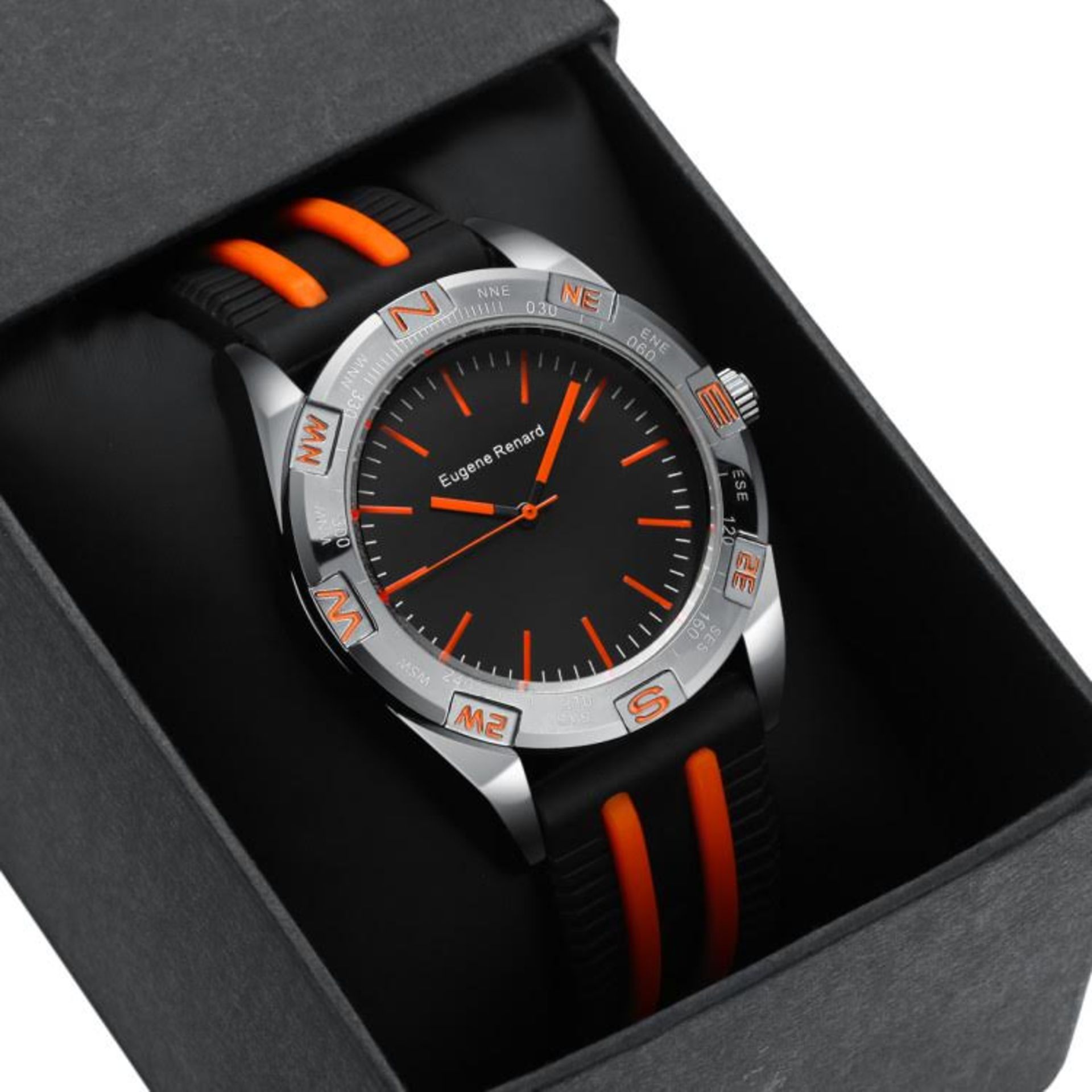 V Brand New Gents Eugene Renard Timepiece Model X - Black Face with Orange Indices - Orange/Black