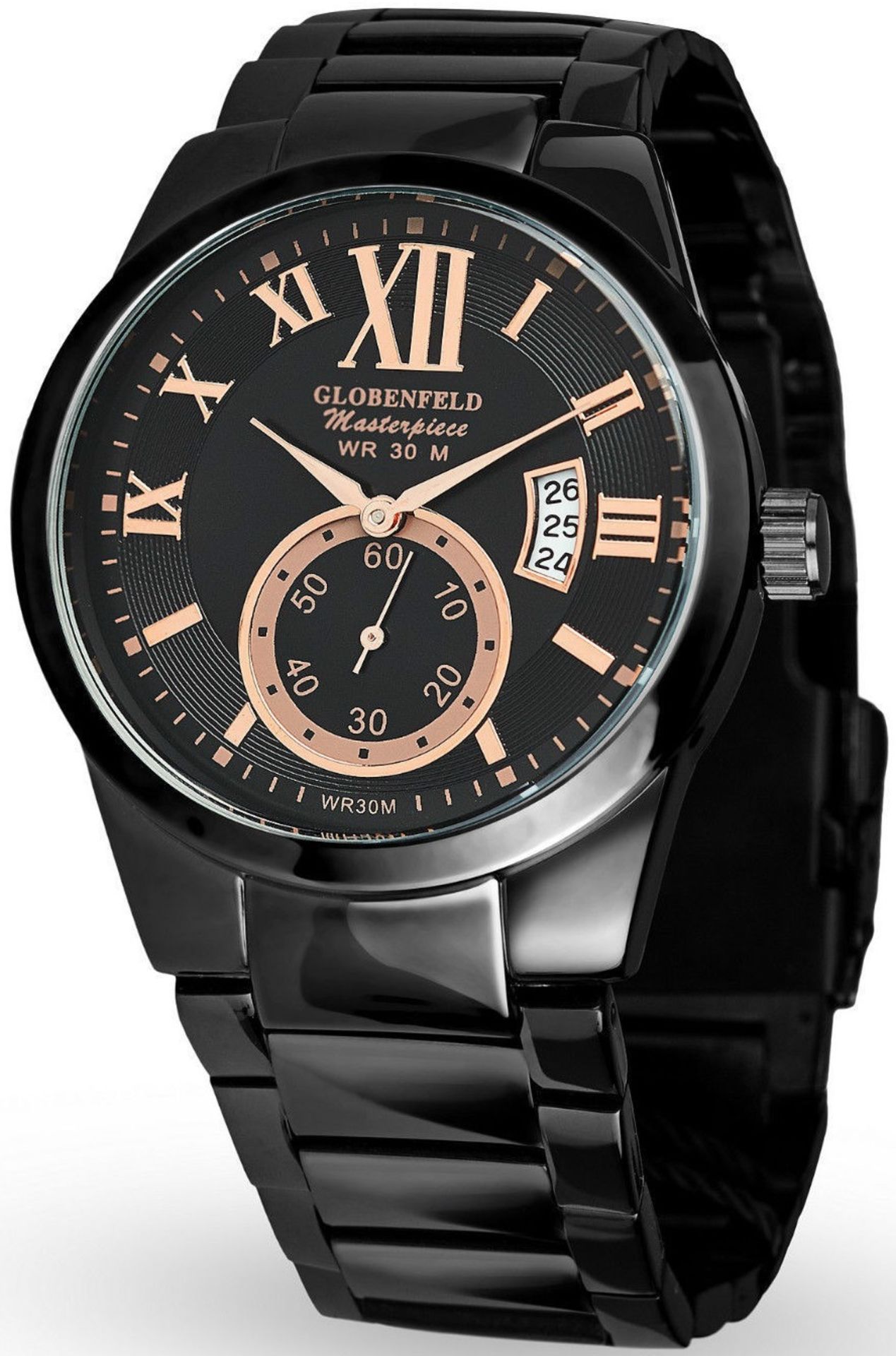 V Brand New Gents Globenfeld Masterpiece Black and Rose Gold Water Resistant to 30m seconds Dial and