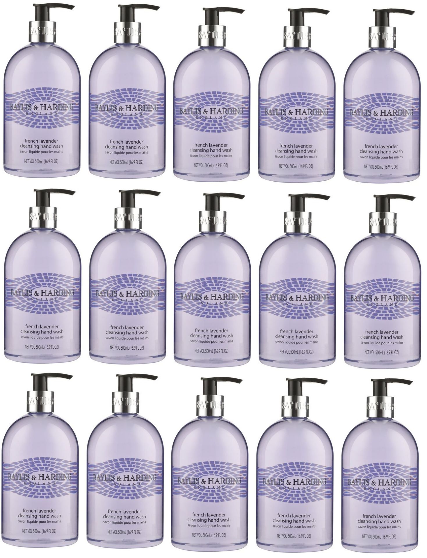 V Brand New 15 x 500ml Pump Bottles Of Baylis & Harding French Lavender Cleansing Hand Wash (7.5L