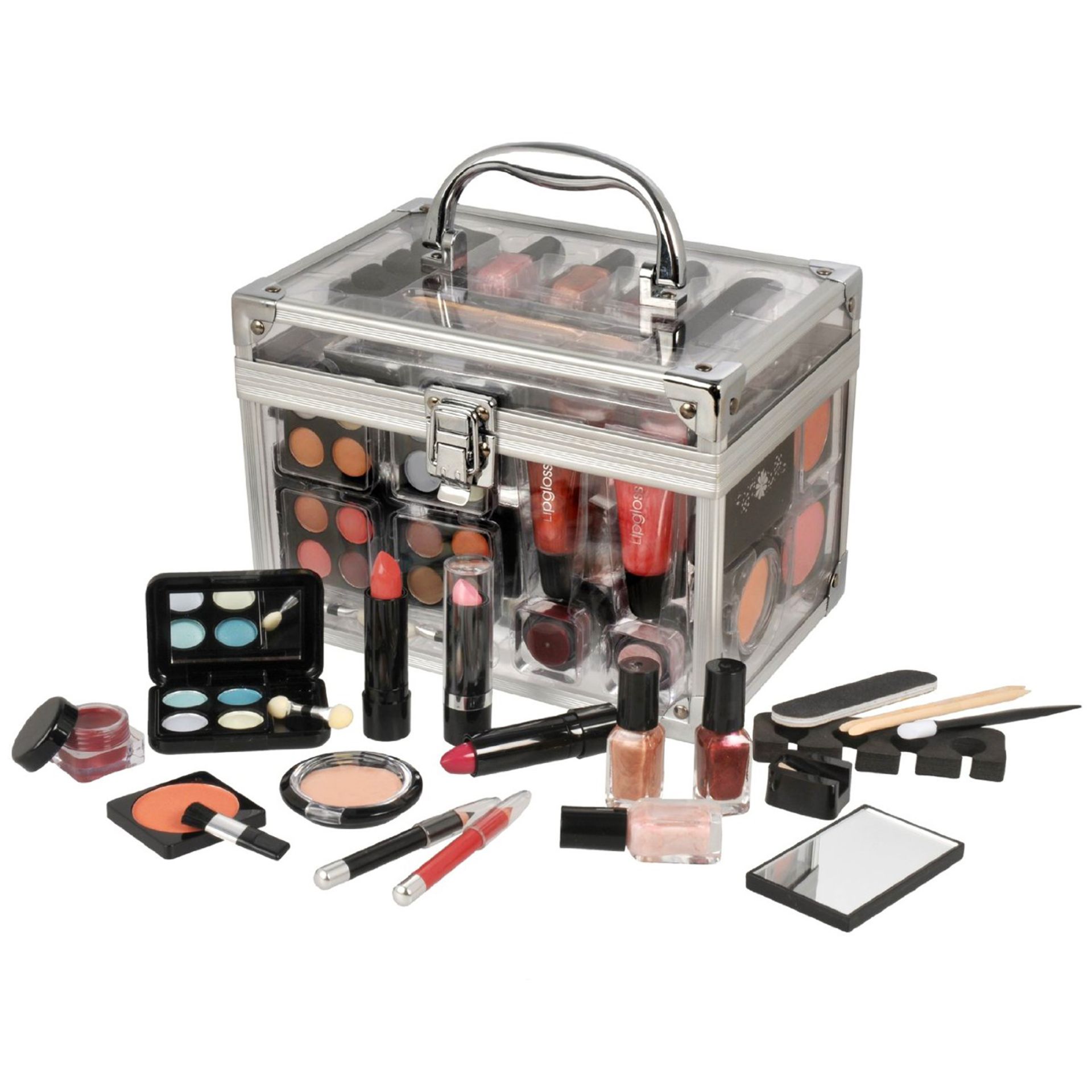 V *TRADE QTY* Brand New Ladies 42 Piece Cosmetic Set In Aluminium/Clear Travel Case RRP £29.95 X