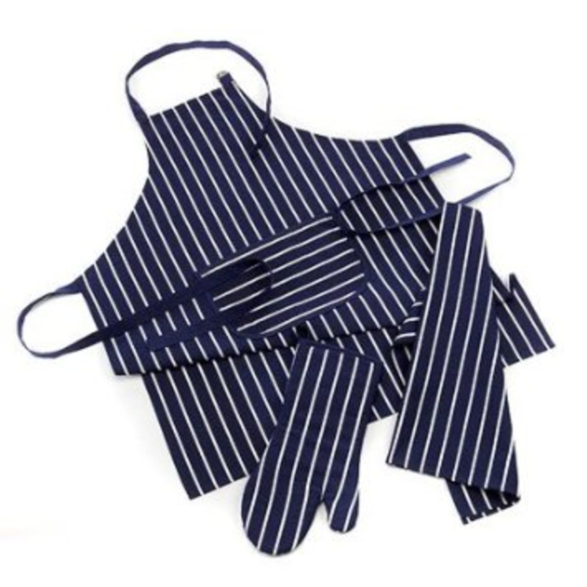 V *TRADE QTY* Brand New 3 Piece Kitchen Set Of Double Oven Glove Printed Glass Cloth & A Bib Apron X