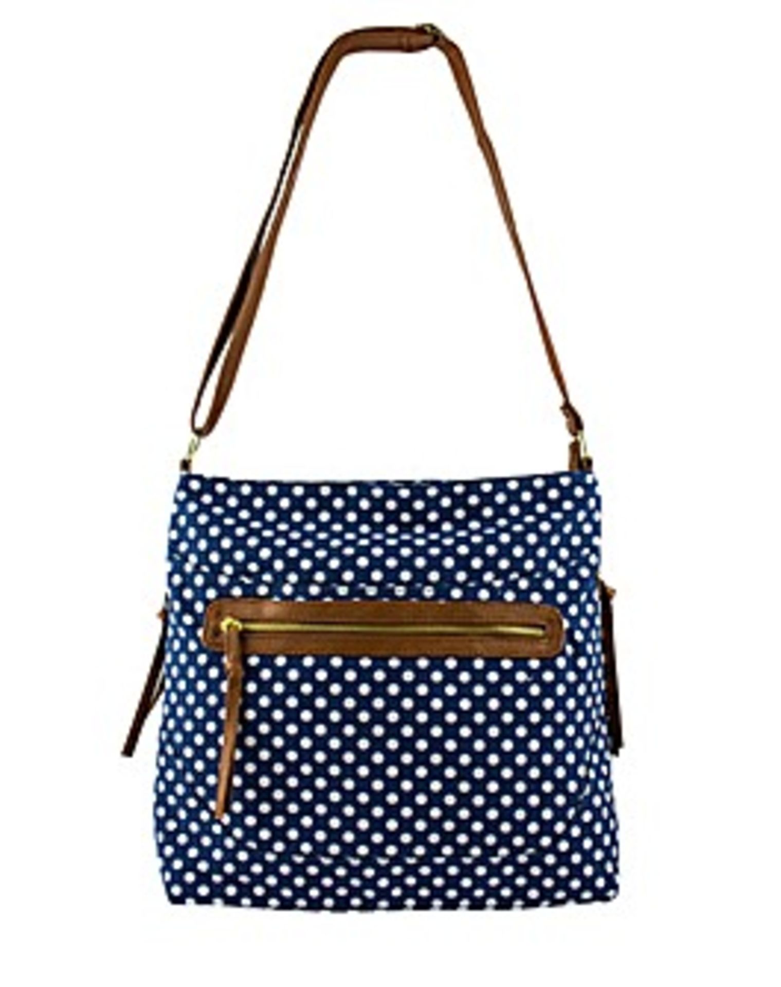 V *TRADE QTY* Brand New Elizabeth Rose Shopper Bag Polka Dot Navy/White With Brown Straps - Zip