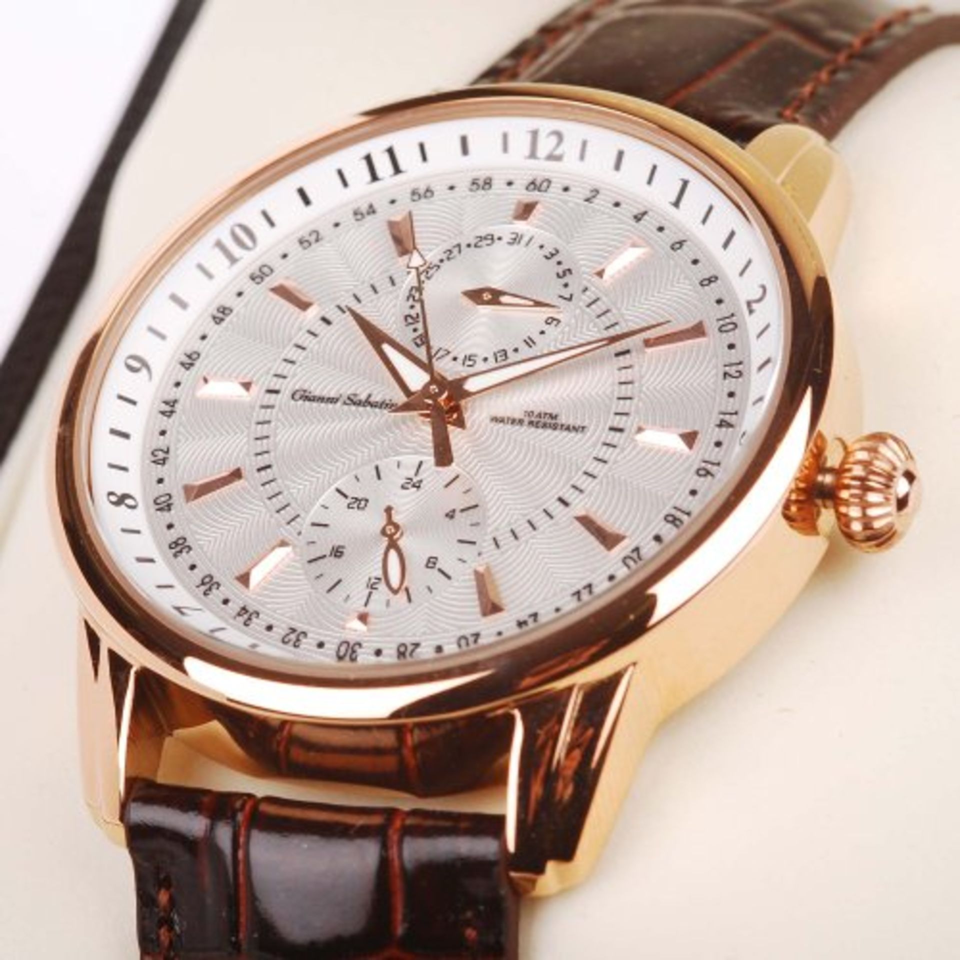 V Brand New Gents Gianni Sabatini Watch - Gold Bezel & Dials - White Face - Brown Leather Strap (