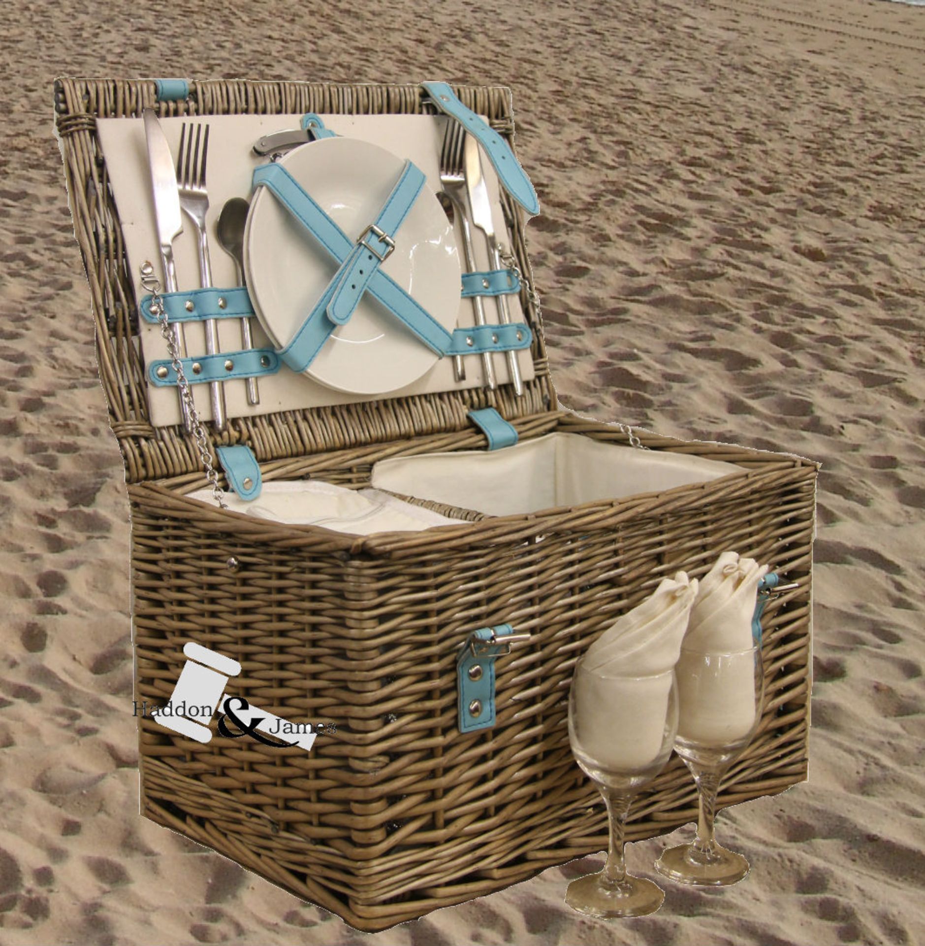 V *TRADE QTY* Brand New 2 Person Willow Hamper Basket with Cooler Section - Two China Plates - A Set