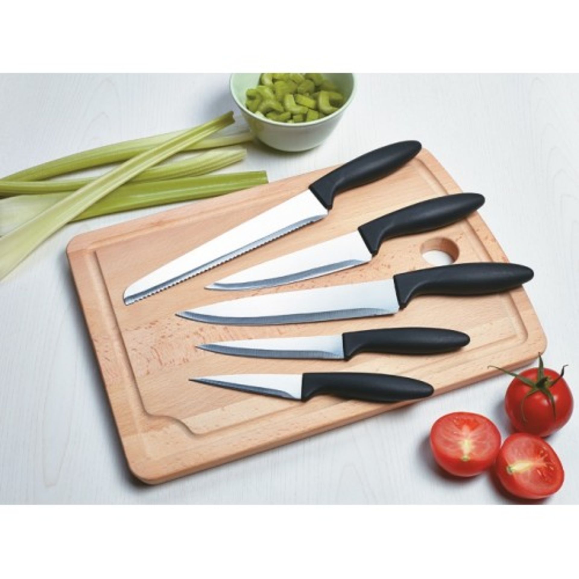 V *TRADE QTY* Brand New A Set Of Five Stainless Steel Knives With Black Handles-Two Chef Knives-