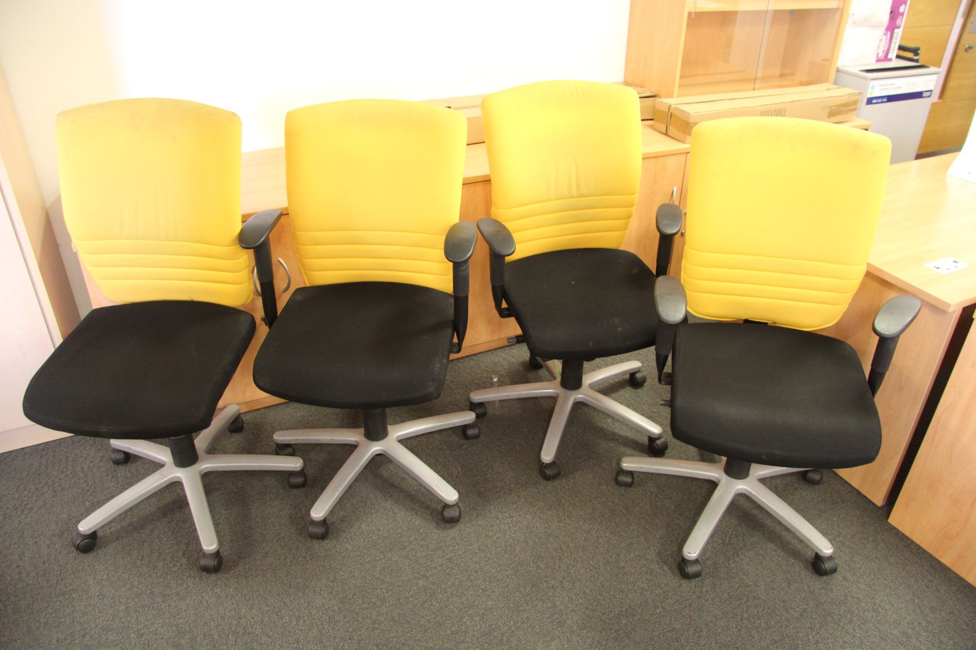 V Four Yellow and Black Fabric Swivel Office Chairs