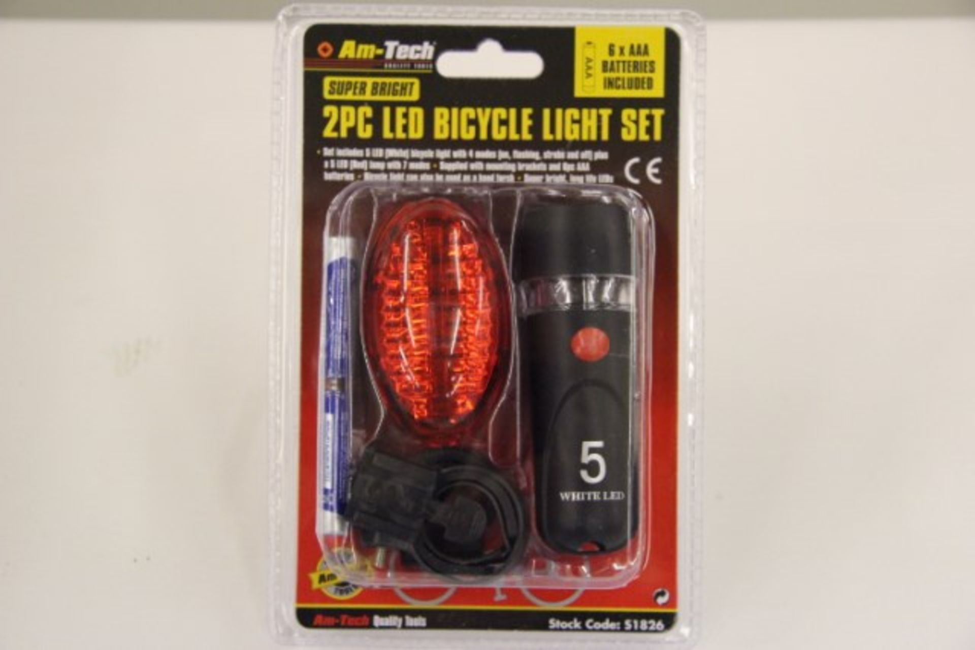 V *TRADE QTY* Brand New 2 Piece LED Bicycle Light Set With White Lamp With Flashing Mode And Red