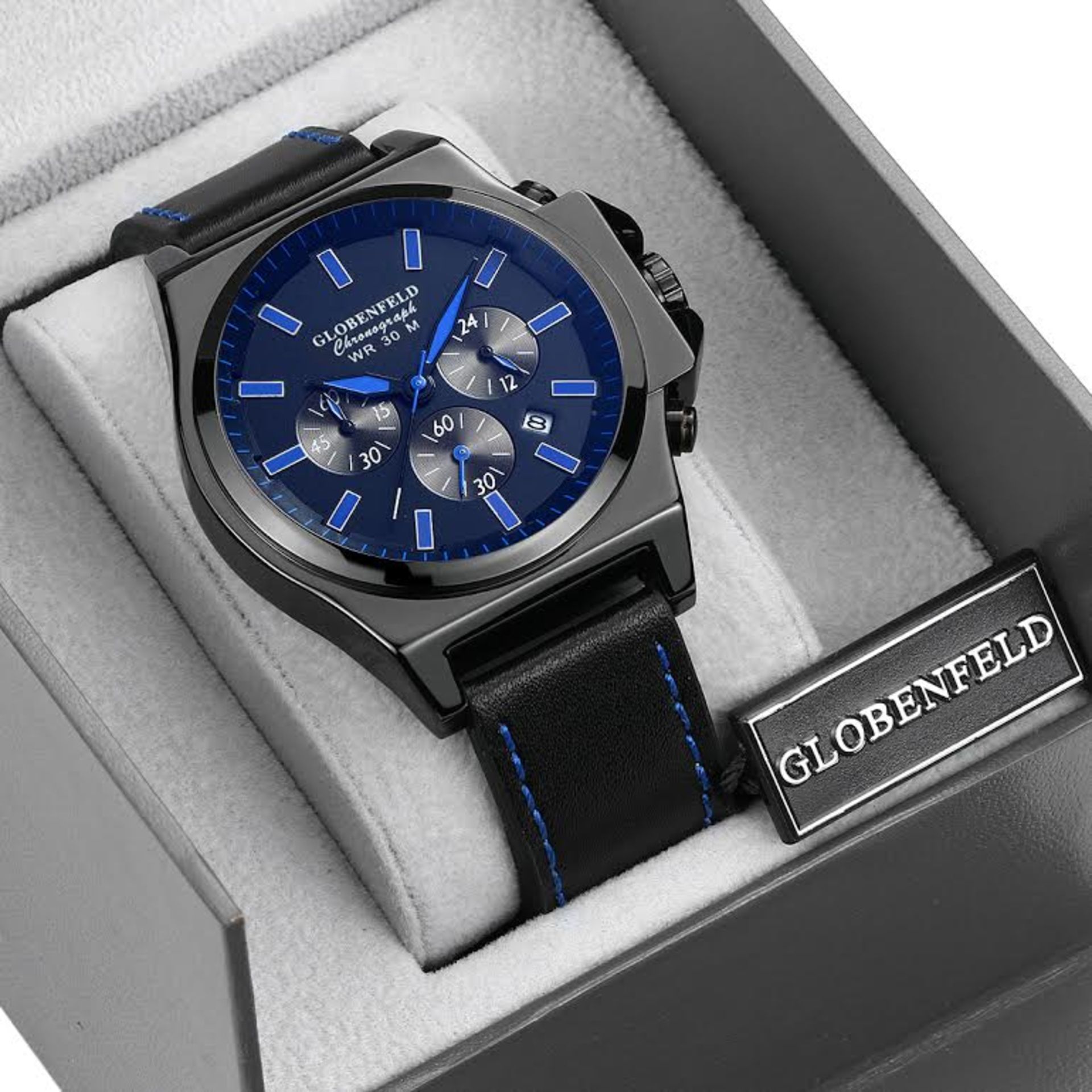 V Brand New Gents Globenfeld Chronograph - Black/Blue Face - Jet Black High Grade Leather Strap with