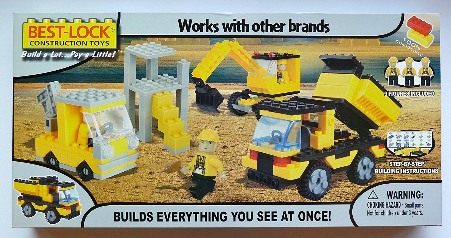 V *TRADE QTY* Brand New Build Your Own Construction Site Includes Digger And 2 Lorries Plus 3