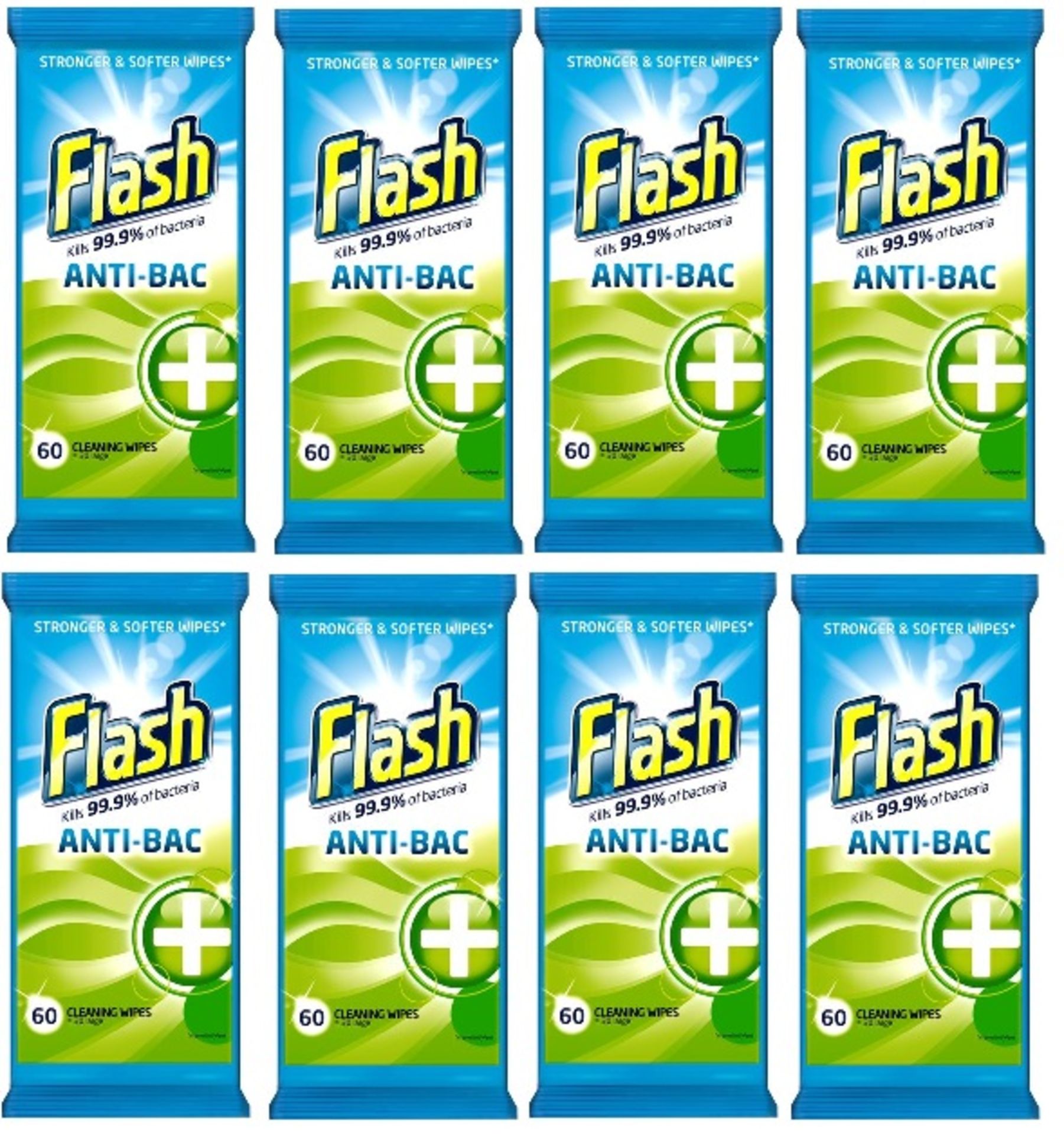 V *TRADE QTY* Brand New Pack Of 8 Flash Anti-Bac Plus Wipes (x60 wipes) Sainsbury Price £16.00 Total