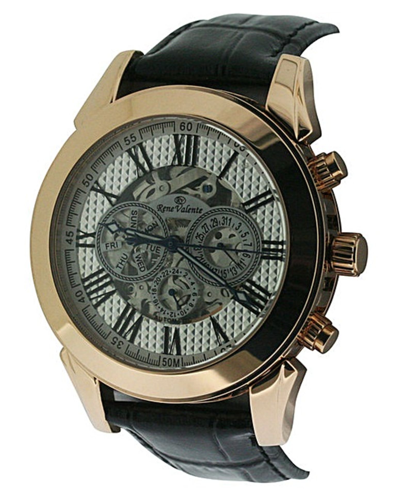 V Brand New Gents Rene Valente Automatic Watch - Rose Gold Bezel - Silver Face - Boxed With Papers X