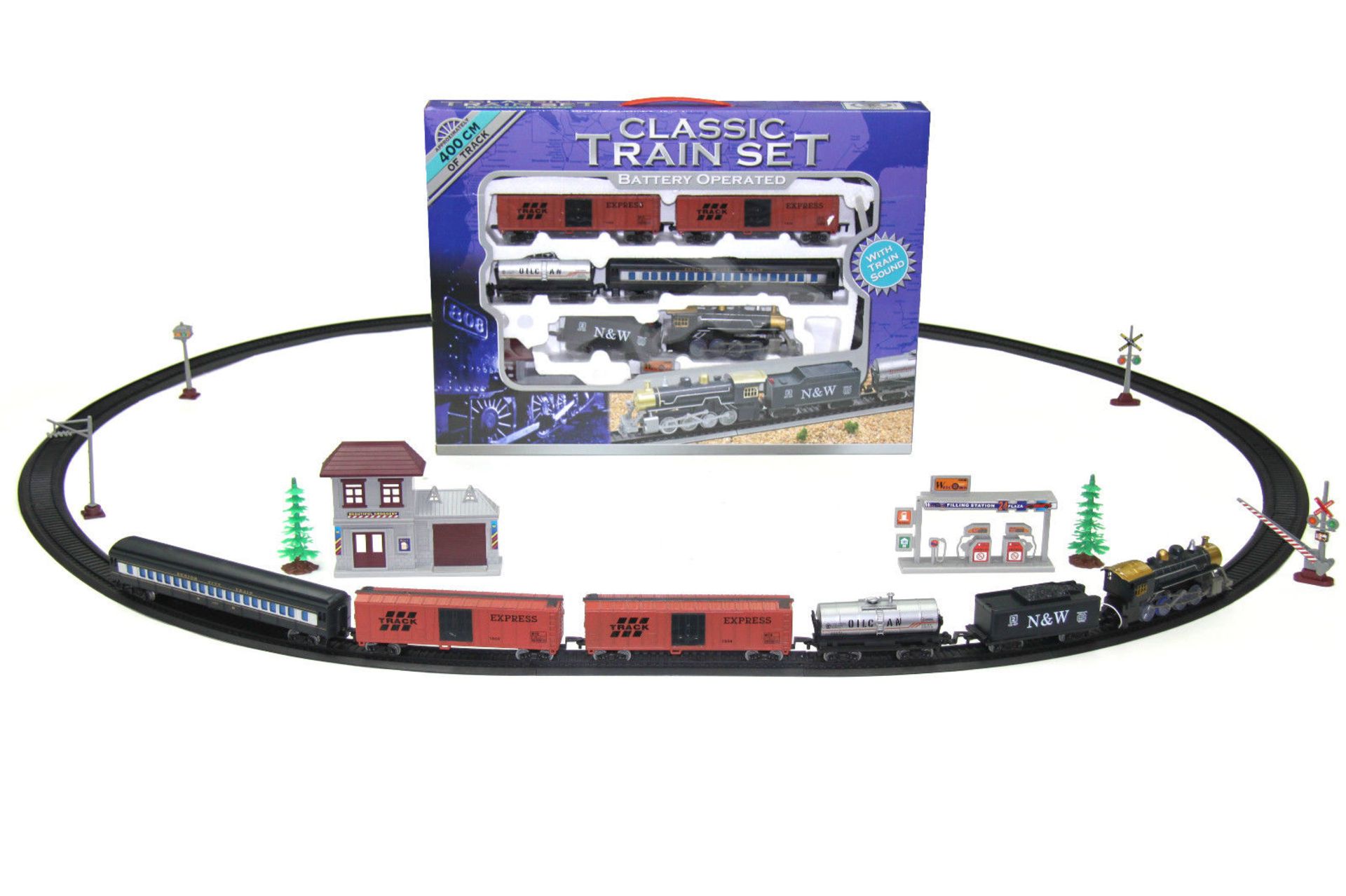 V Brand New Classic Train Set Including 400cm of Track - Engine and Tender - Rail Coach - Tanker -