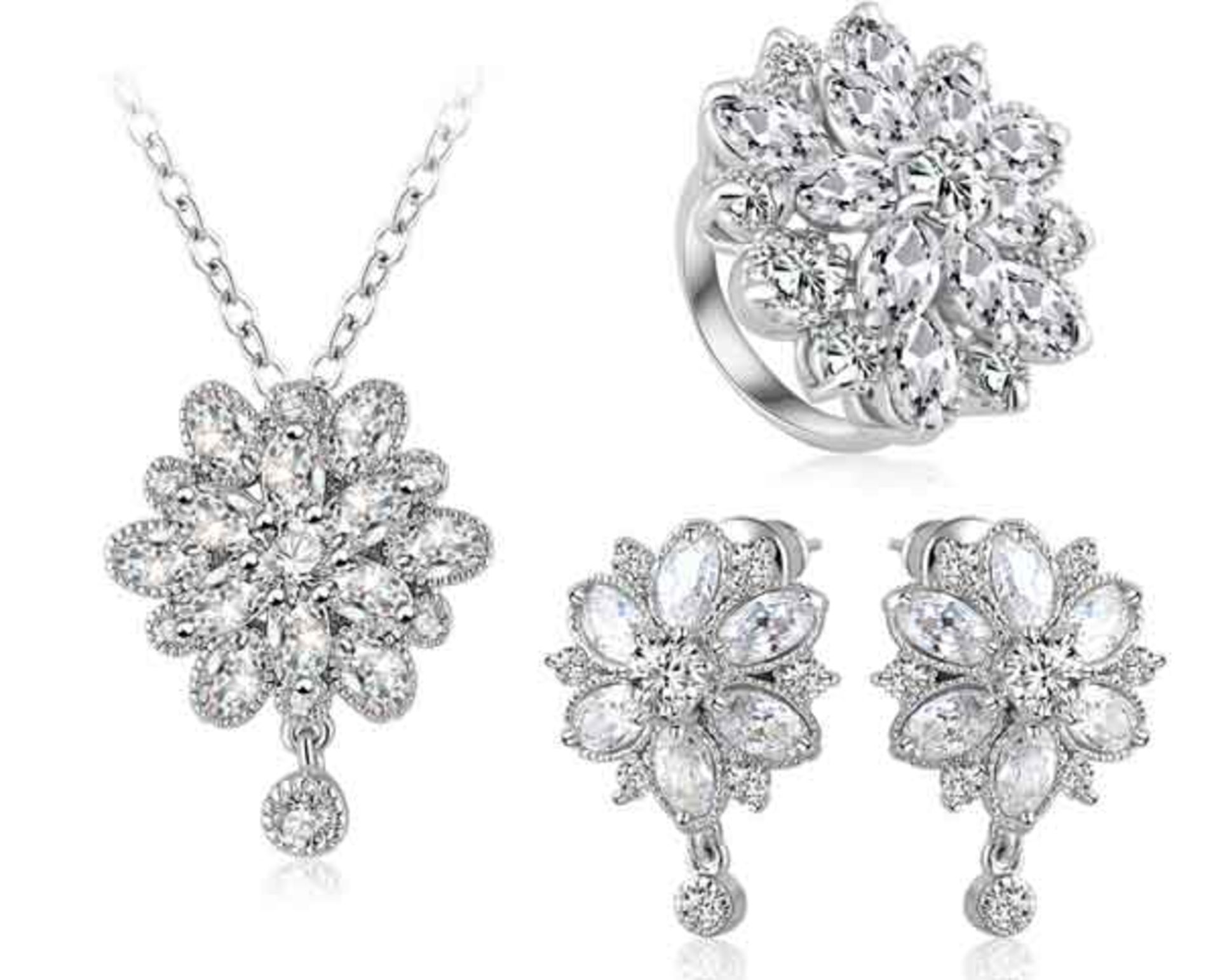 V Brand New Platinum Plated Zirconia Flower Pendat Neckalce Earring and Ring Set