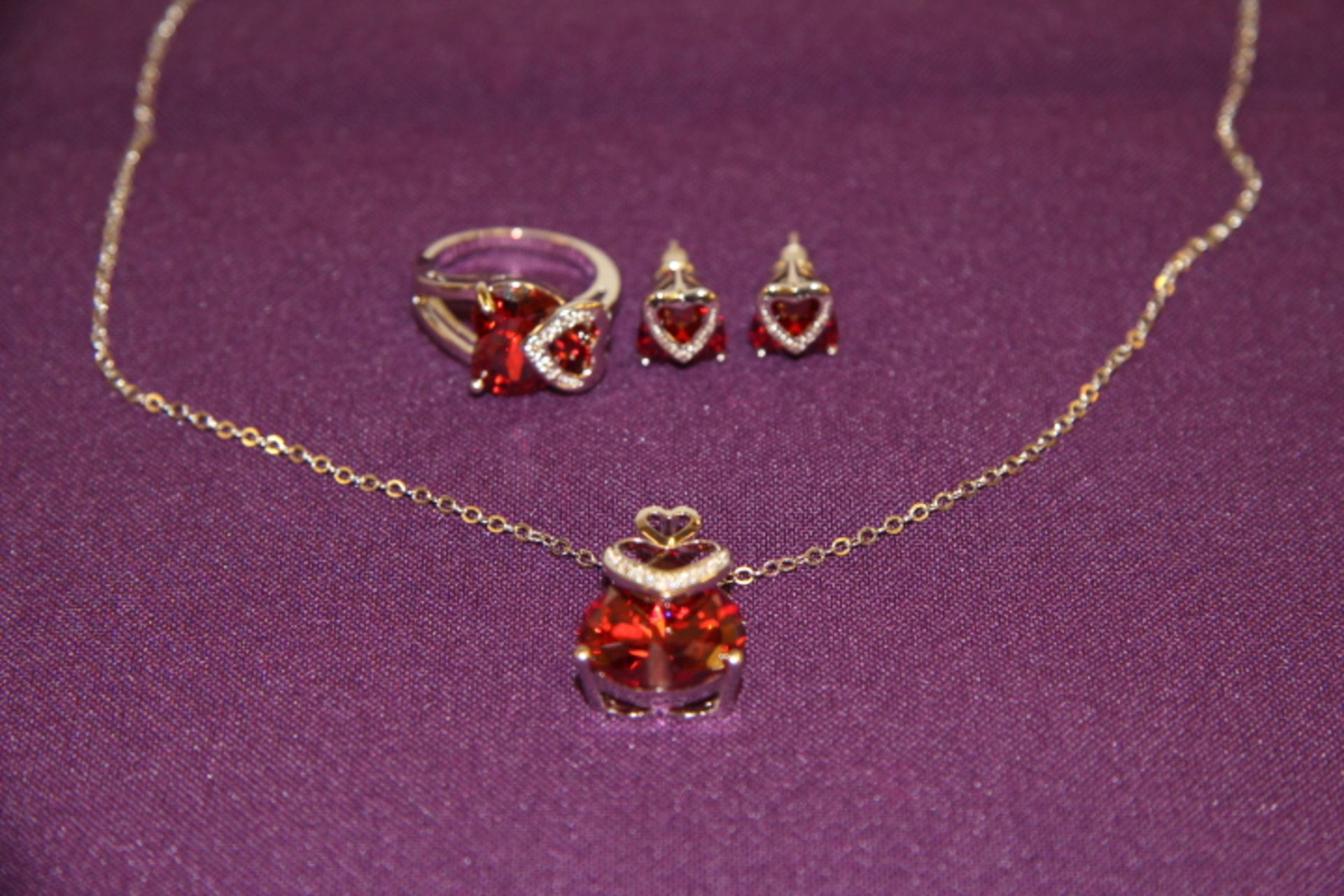 V *TRADE QTY* Brand New Platinum Plated Red Stone Heart Design Set Ring/Earring/Necklace X 4 YOUR