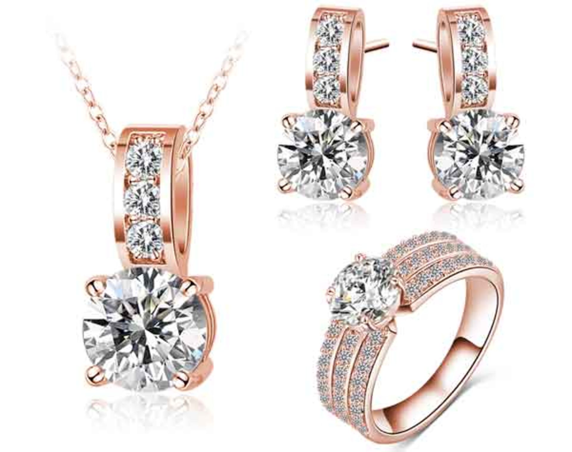 V Brand New Rose Colour CZ Stone Three Piece Necklace Earring and Ring Set X 2 YOUR BID PRICE TO