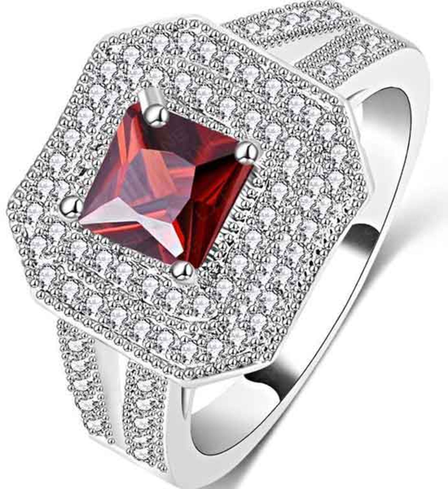 V Brand New Platinum Plated Square Ring with Large Red Stone