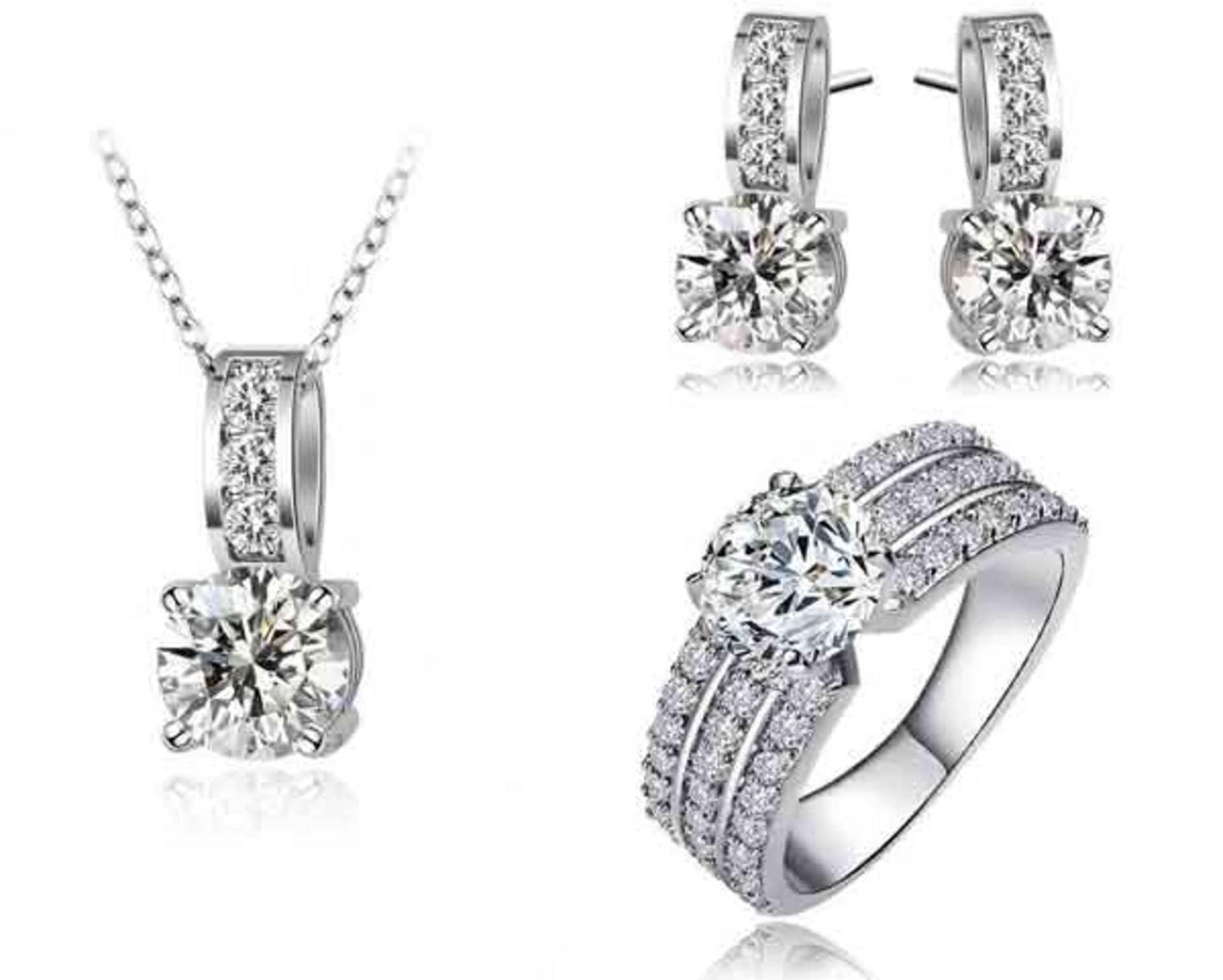 V Brand New Platinum Plated CZ Three Piece Necklace Earring and Ring set X 2 YOUR BID PRICE TO BE