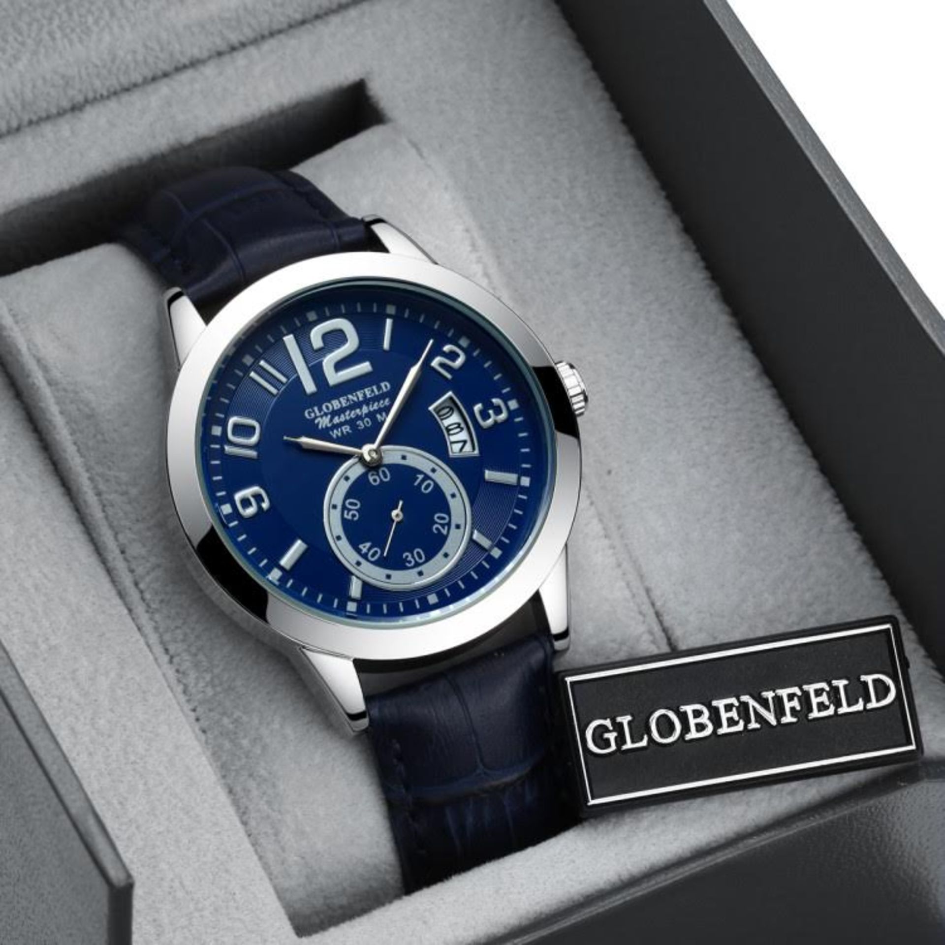 V *TRADE QTY* Brand New Gents Globenfeld Masterpiece Blue Face - Blue Leather Strap With Box and