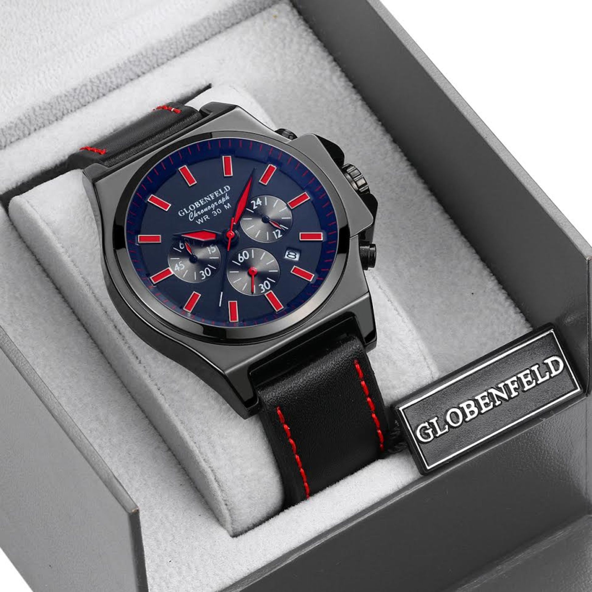 V *TRADE QTY* Brand New Gents Globenfeld Chronograph - Black/Red Face - Jet Black High Grade Leather