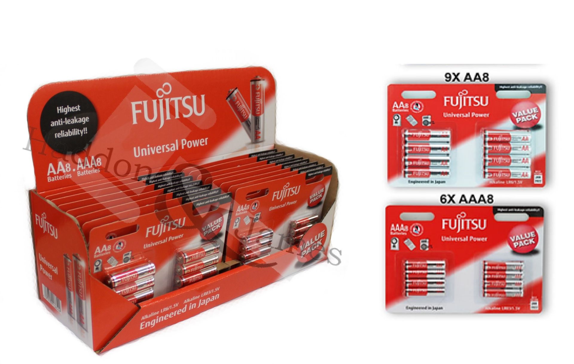 V Brand New Fujistu Universal Power Assorted Pack of Alkaline Batteries (Contains 8 x 8 Pack AAA and