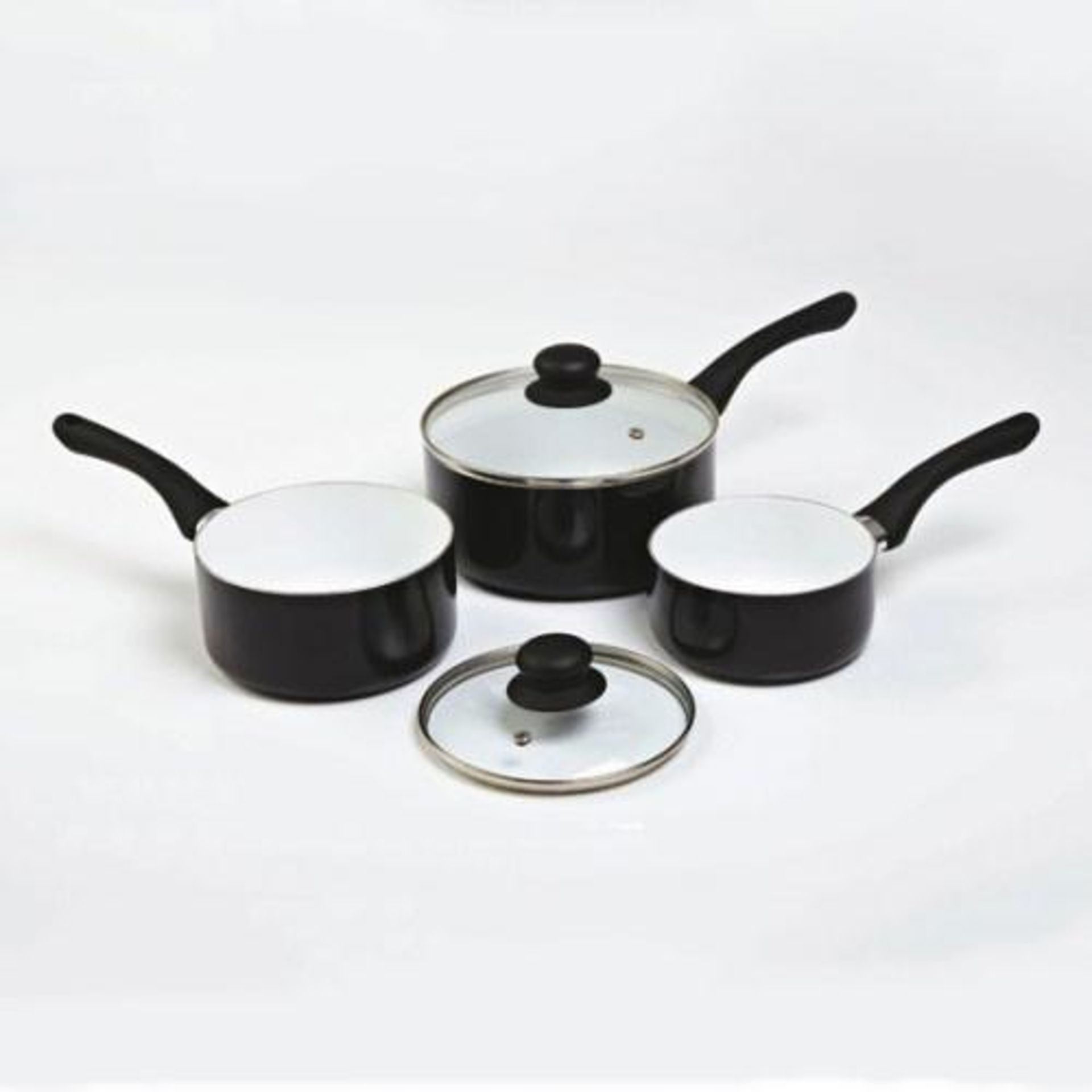 V *TRADE QTY* Brand New Black Five Piece Cermalon Nonstick Ceramic Coating Saucepan Set With Two