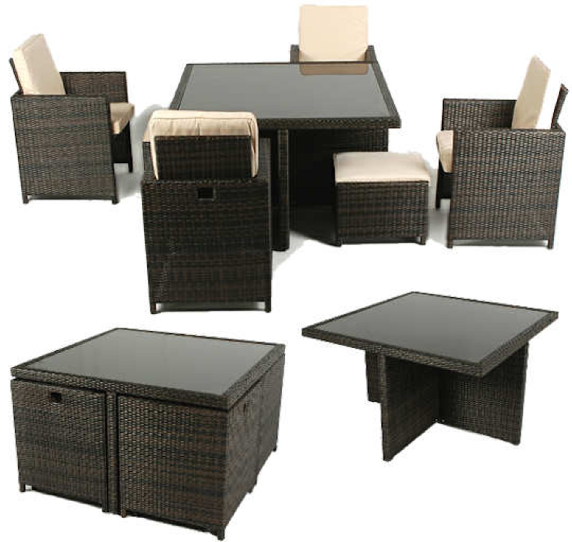 V Brand New 4 Seater Cube Rattan Patio Set With Dining Table - Chairs Fit Neatly Under Table For