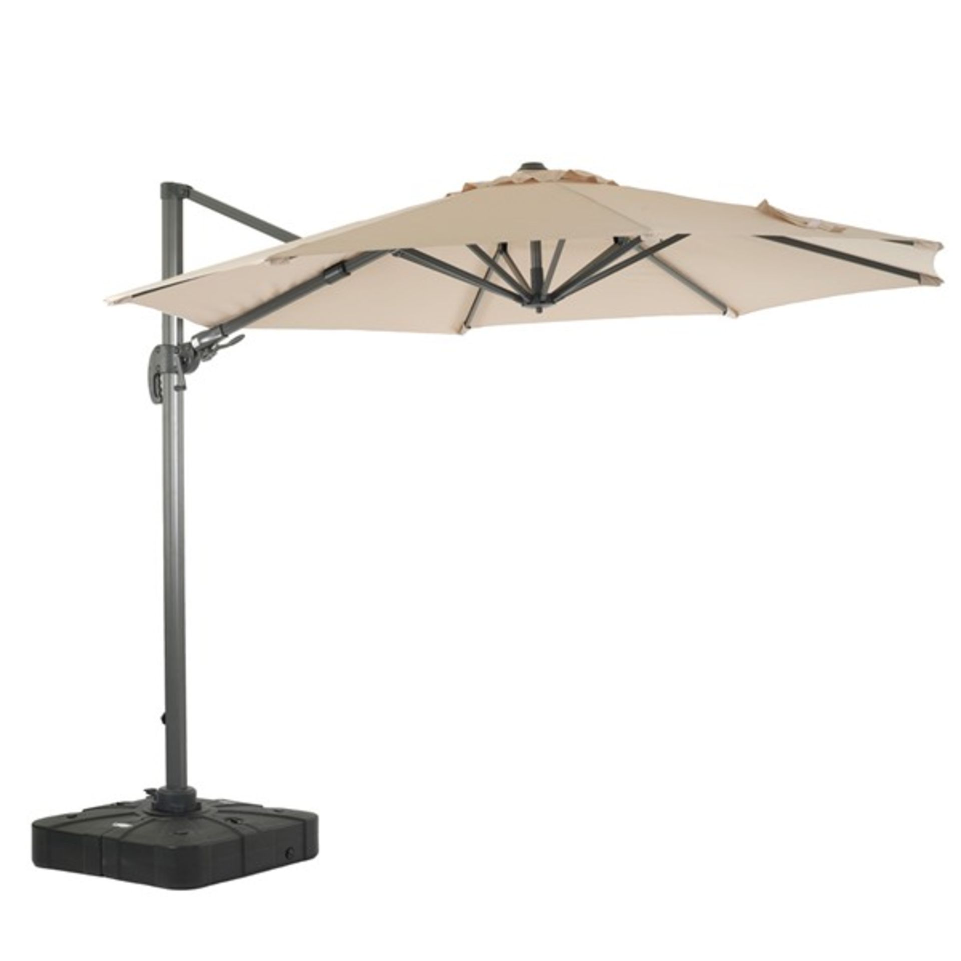 V *TRADE QTY* Brand New 3.5m Cantilever Parasol With LED Lighting, Remote Control & Base - John