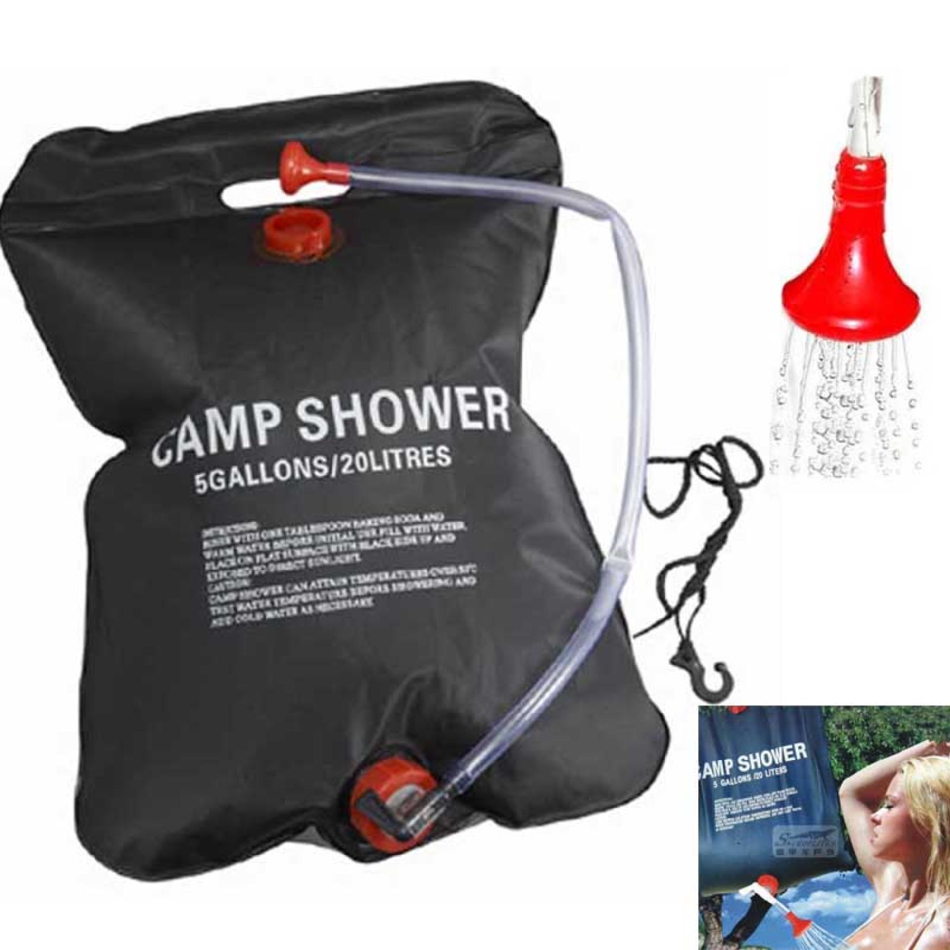 V *TRADE QTY* Brand New 20 Litre Solar Heated Shower Includes Shower Head & Tubing ISP £13.19 (